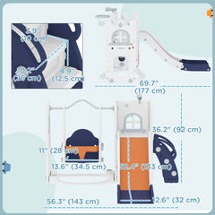 6-in-1 Slide and Swing Set Baby Swing Playset Indoor with Basketball Hoop, Climber, Storage Space, Telescope, Grey