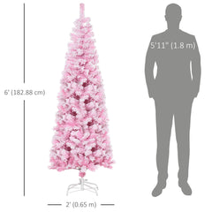 5 FT Snow Flocked Artificial Christmas Tree, Pencil Xmas Tree with Realistic Branches, Auto Open and Steel Base, Pink