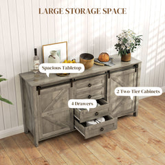 60" Buffet Cabinet, Farmhouse Sideboard with Sliding Barn Doors, Drawers and Adjustable Shelves, Cream White
