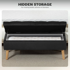 Storage Ottoman with Lid, Velvet Upholstered Storage Bench with Wood Legs for Living Room, Black