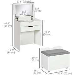 Vanity Set with Flip Top Mirror, Makeup Vanity Desk with Stool, Dressing Table with Drawer and 7 Compartments, White