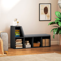 Multi-Purpose Bookshelf with 5 Cubes, 5-Cubby Bookcase with Cushioned Reading Nook and Storage Shelves, Blue