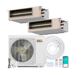 X-Pro 18,000 BTU 2 Zone Concealed Ducted Mini Split Heat Pump, 24 SEER2, 12K + 12K