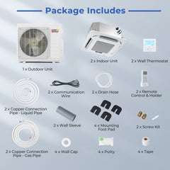 X-Pro 27,000 BTU 2 Zone Ceiling Cassette Mini Split Heat Pump, 24 SEER2, 18K + 18K