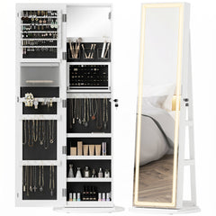 Jewelry Cabinet with Full Length Lockable Mirror, Standing Jewelry Armoire Organizer with LEDs, White