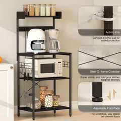 Kitchen Baker's Rack with Power Outlet, Coffee Bar Station with Adjustable Shelves and Hooks, Distressed Grey