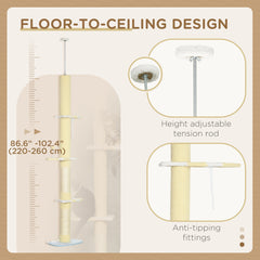 87"-102" Floor to Ceiling Cat Tree w/ Sisal Scratching Posts, Anti-tip Kit, Perches, Toy Ball, Yellow