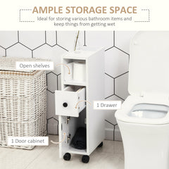Slim Bathroom Cabinet with Wheels, Narrow Bathroom Storage Cabinet with Door, Drawer and 2 Open Compartments, White