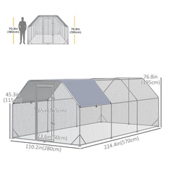 Chicken Run Outdoor, Galvanized Large Metal Chicken Coop Cage, Walk-in Enclosure Poultry Hen Run House Playpen Rabbit Hutch with Flat Roof, Cover, 9.2'x6.2'x6.5', Silver
