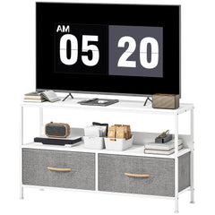 TV Stand with Charging Station, TV Table with 2 Foldable Linen Drawers and Open Shelf for 47 Inch Television, Black