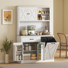 69" Pantry Cabinet with Charging Station, Kitchen Cabinet with Microwave Stand, Tilt-Out Trash Can Cabinet, Black