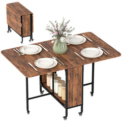 Folding Dining Table, Extendable Kitchen Table for Small Spaces with Storage Shelf and 6 Wheels, Distressed Grey