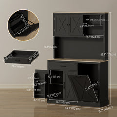 69" Pantry Cabinet with Charging Station, Kitchen Cabinet with Microwave Stand, Tilt-Out Trash Can Cabinet, Black
