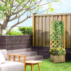 Raised Garden Bed Wood Planter with Trellis for Vine Climbing, 16" x 16" x 57", Brown