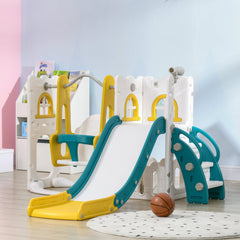 6-in-1 Slide and Swing Set Baby Swing Playset Indoor with Basketball Hoop, Climber, Storage Space, Telescope, Grey