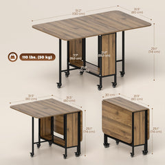 Folding Dining Table, Extendable Kitchen Table for Small Spaces with Storage Shelf and 6 Wheels, Distressed Grey