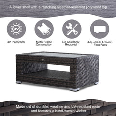 2-Tier Rattan Patio Coffee Table Wicker Patio Tea End Desk with Tempered Glass Top & Storage for Balcony, Backyard, Poolside