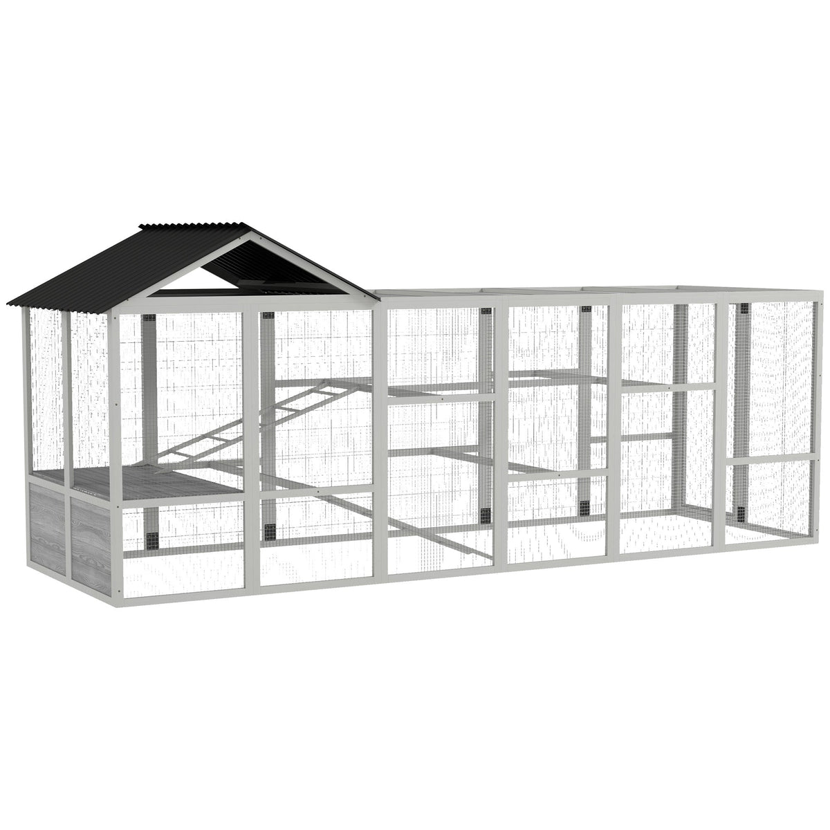 142" Outdoor Wooden Chicken Coop with Run, Ramps, Perches, Storage, Combinable Design for 6 - 10 Chickens, Grey