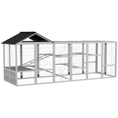 142" Outdoor Wooden Chicken Coop with Run, Ramps, Perches, Storage, Combinable Design for 6 - 10 Chickens, Grey