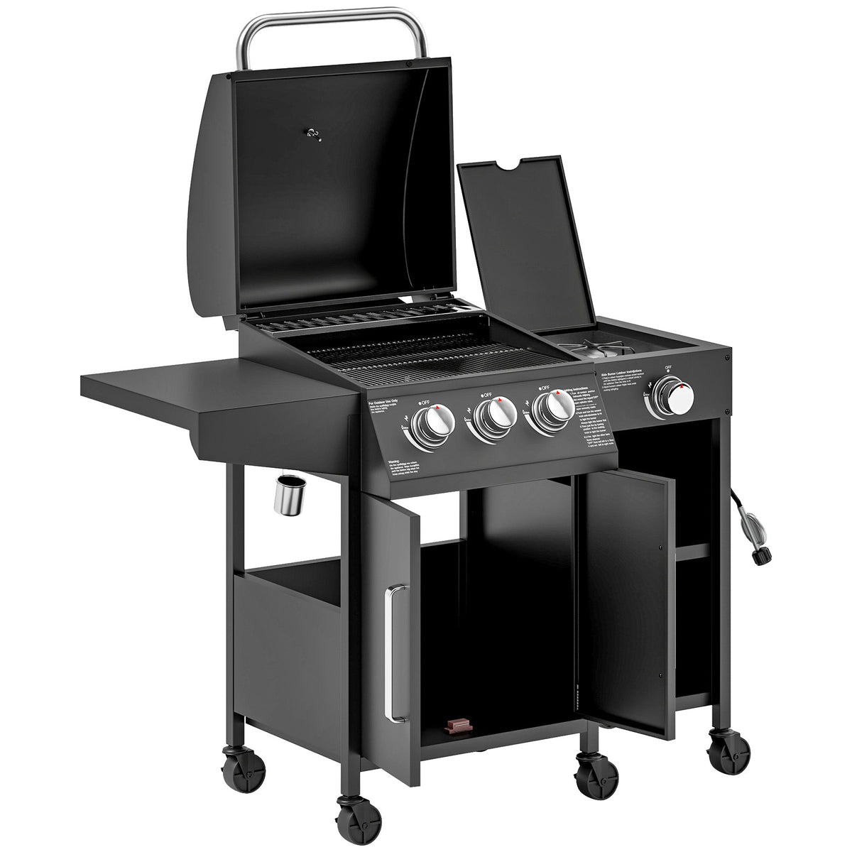 3 Burner Gas Grill with Side Burner, 9.5 KW Propane BBQ Grill, Cabinet Style with Shelves, Wheels, Instant Ignition