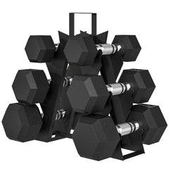 60 LBS Hex Dumbbell Set with Rack, Rubber Coated Weights with Non-Slip Handles for Home Gym Strength Training