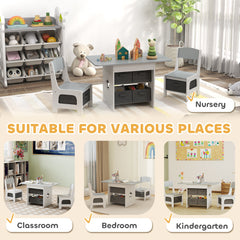 3 Piece Kids Table and Chair Set with 6 Removable Drawers, for Classroom, Living Room, Bedroom, Nursery, Light Grey