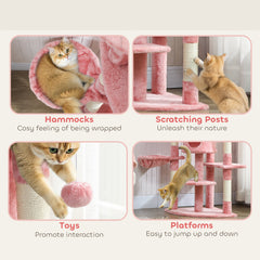 62" Cat Tree with Scratching Post, 2 Condos, Hammock, Perches, Plush, Pompoms, for Indoor Cats, Beige