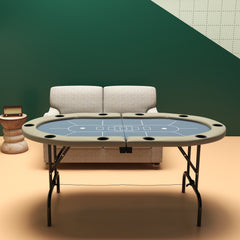 Foldable Poker Table Blackjack Texas Holdem Poker Game Table with Cup Holders, 70" Oval, Blue