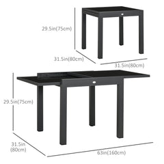 63" Extendable Outdoor Dining Table Patio Table with Aluminum Frame and Tempered Glass Tabletop, Black