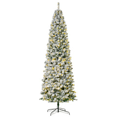 6ft Prelit Artificial Pencil Christmas Tree, Snow Flocked Slim Xmas Tree with Warm White LED Lights - Green