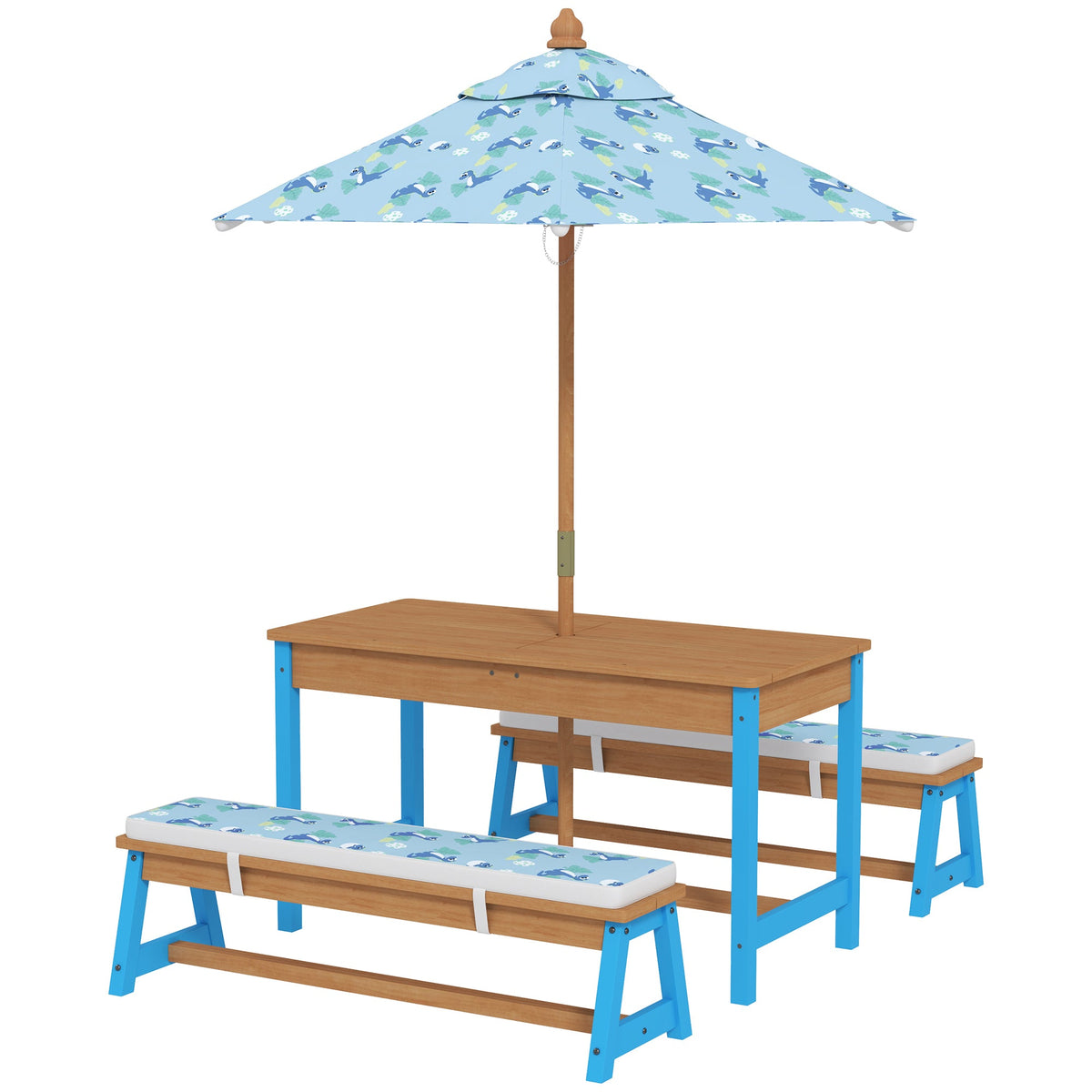 Kids Picnic Table and Bench Set with Removable Umbrella, Cushions & Boxes, Dinosaur Theme for Outdoor, Blue