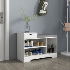 Upholstered Shoe Storage Bench, Hallway Shoe Storage with Seat, Drawer, 3 Open Shelves for Entryway, Grey