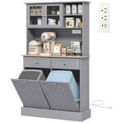 Kitchen Cabinet with Charging Station, 2 Tilt Out Cabinets, Microwave Stand, Freestanding Kitchen Pantry Cabinet, Black