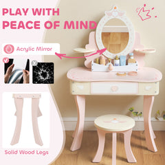 Kids Vanity Set, Girls Dressing Table with Mirror and Stool, 7 Accessories, Drawers, Desktop Storage, Pink