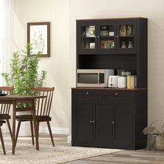 71" Pantry Cabinet with Microwave Space, Buffet with Hutch, 2 Drawers, Adjustable Shelves and Glass Doors, Blue