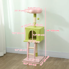 48" Flower Cat Tree with Scratching Post, Cozy Bed, Condo, Climbing Ladder, Perch, Dangling Ball, Green