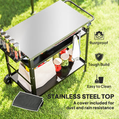 BBQ Stand with Stainless Steel Top Adjustable Shelf, Outdoor BBQ Station with Hooks Seasoning Tray Towel Rack