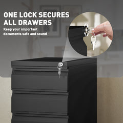 3 Drawer Filing Cabinet with Lock, Steel Office Storage Cabinet with Hanging Bar for A4, Legal, Letter Files, Black