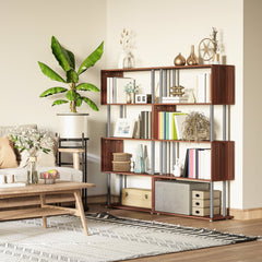5-Tiers Geometric Wooden Bookcase S-Shaped Storage Bookshelf Display with Metal Frame for Living Room, Bedroom, Home Office, Walnut