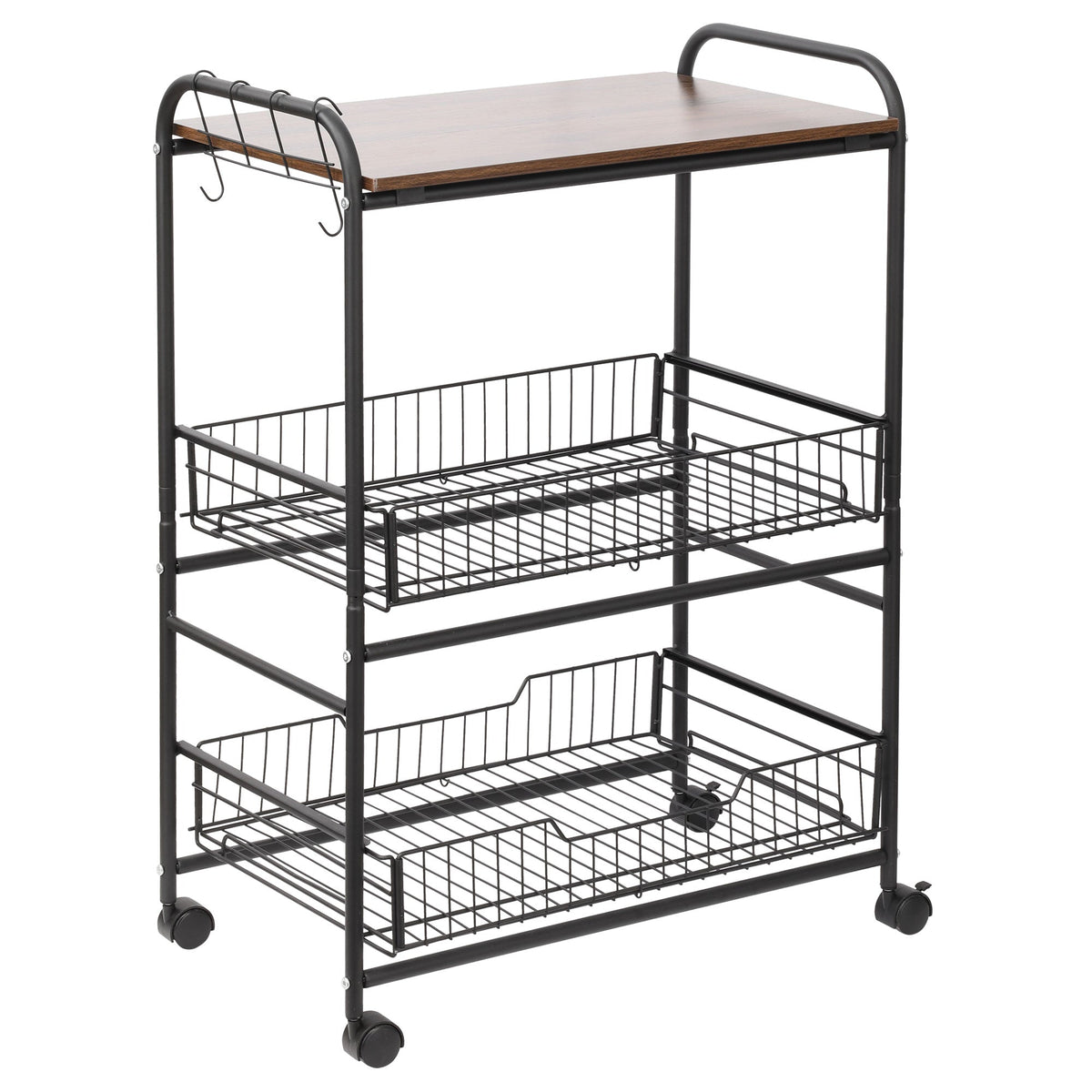 Rolling Kitchen Cart, 3-Tier Utility Storage Cart with 2 Basket Drawers & Side Hooks, Lockable Casters for Dining Room