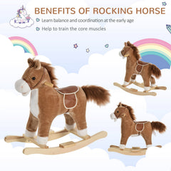 Kids Rocking Horse Plush Animal on Wooden Rockers with Sounds, Wooden Base, Baby Rocking Chair, Brown