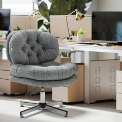 Computer Desk Chair, Armless Office Chair with Wide Padded Seat and Adjustable Height, Cream White