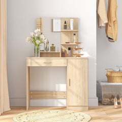 Vanity Desk with Mirror, Makeup Vanity w/ Drawer, Open Compartment and Shelves, Cabinet, Adjustable Shelves for Bedroom