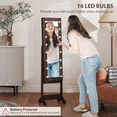 Free Standing Armoire Organizer, Lighted Mirrored Jewelry Cabinet w/ Angle Adjustable & 16 LED Lights Warm White
