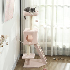 47" Tall Cat Tree Tower with Condo, Ladder, Scratching Posts and Hanging Ball, Light Grey