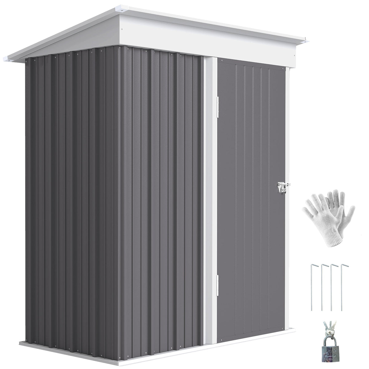 Outdoor Storage Shed, Steel Lean-to Shed with Adjustable Shelf, Lock, Gloves, 5'x3'x6', Grey