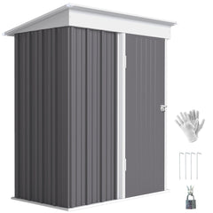 Outdoor Storage Shed, Steel Lean-to Shed with Adjustable Shelf, Lock, Gloves, 5'x3'x6', Grey