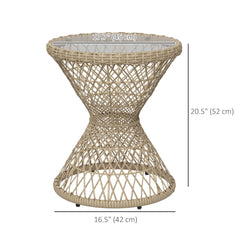 Wicker Outdoor Coffee Table, 18" Round Drum-Style Outdoor Patio Table with Tempered Glass Top, Light Brown