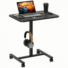 Height Adjustable Standing Desk, Pneumatic Sit Stand Desk with Wheels and Headphone Hook, Grey Wood Grain