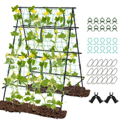 A-Frame Garden Cucumber Trellis with Netting for Climbing Plants Outdoor-Black